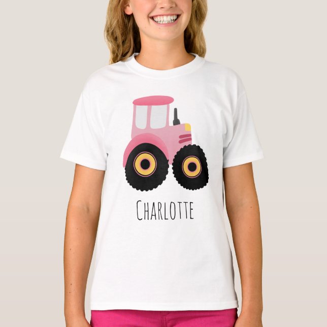 T-shirt Cartoon de tracteur de ferme rose pour filles (Devant)