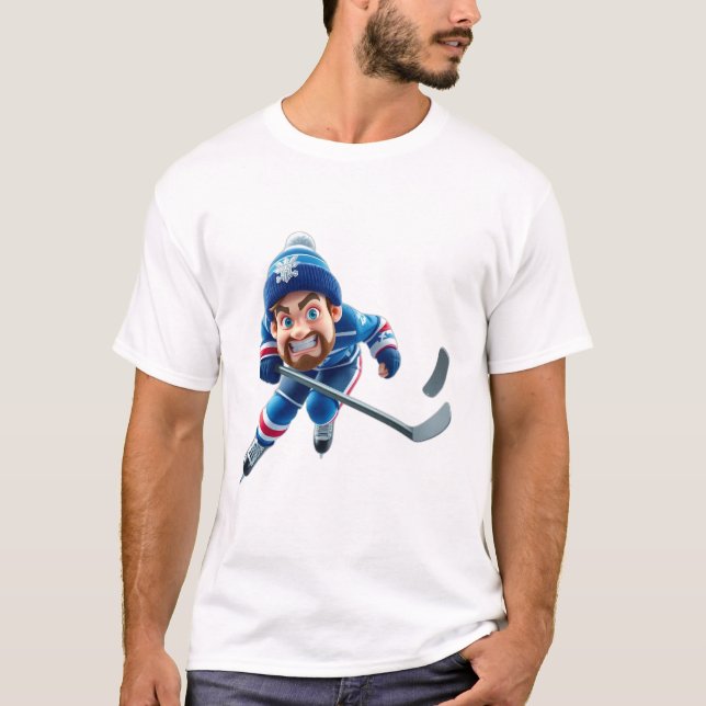 T-shirt Cartoon Hockey Player Skating with Intense Express (Devant)