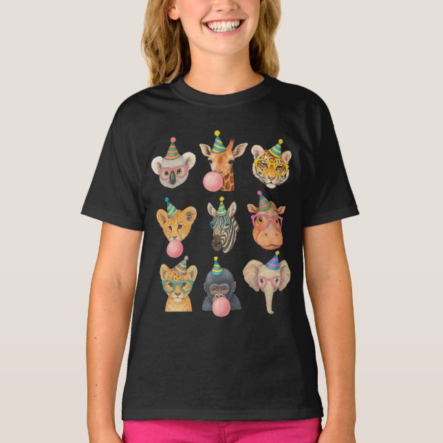 T-shirt Cartoon Zoo Animals with Party Hats & Bubble Gum (Devant)