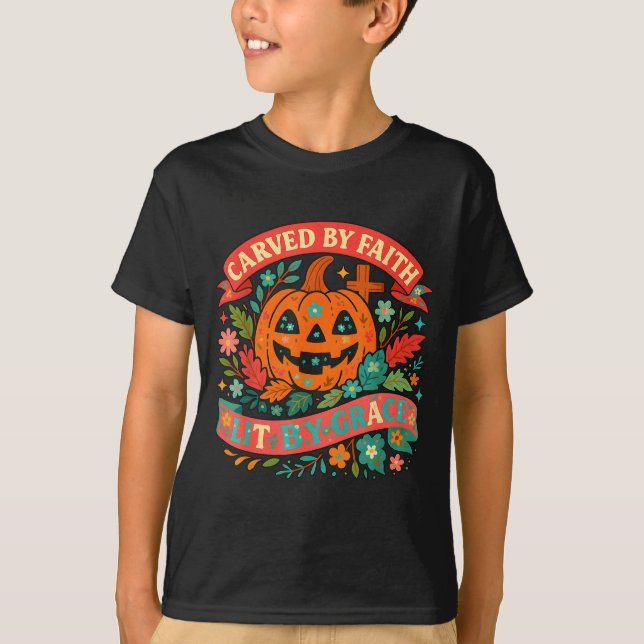 T-shirt Carved By Faith Lit Grace Cute Fall Pumpkin  (Devant)