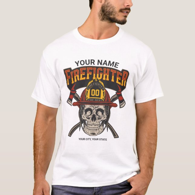 T-shirt Casque de crâne pompier personnalisé Ax pompier (Devant)