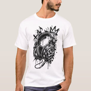 T-shirt Casque de musique Crown Graffiti – Noir et blanc a