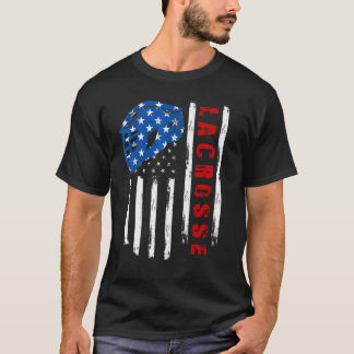 T-shirt Casque Lacrosse Vintage américain Drapeau Lax Bâto