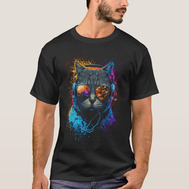 T-shirt Casque Rave Cat Dj Kitten House Musique Kitty (Devant)