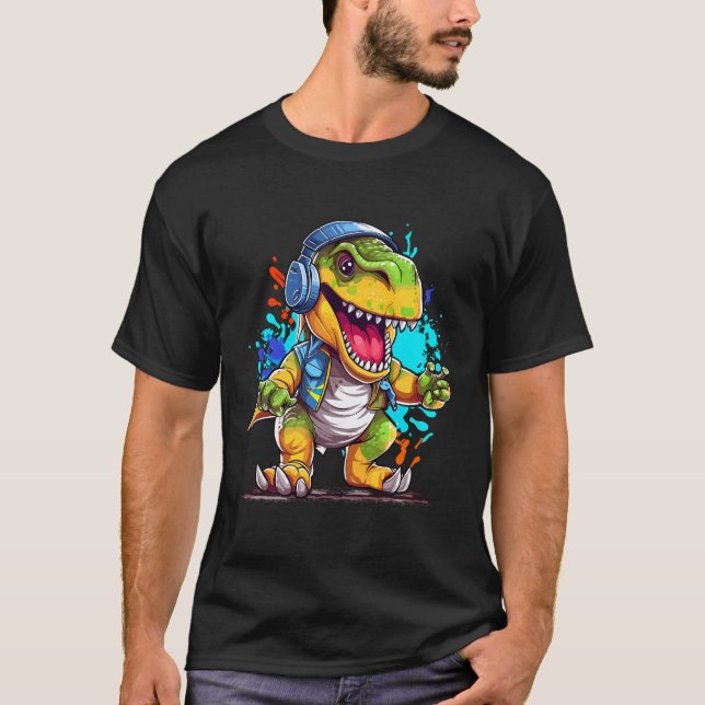 T-shirt Casques Dino Esthétique T Rex Dinosaur Dj Musique (Devant)