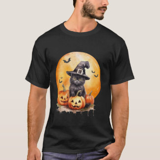 T-shirt Casquette Chat Noir Sorcière Citrouille Pour Femme