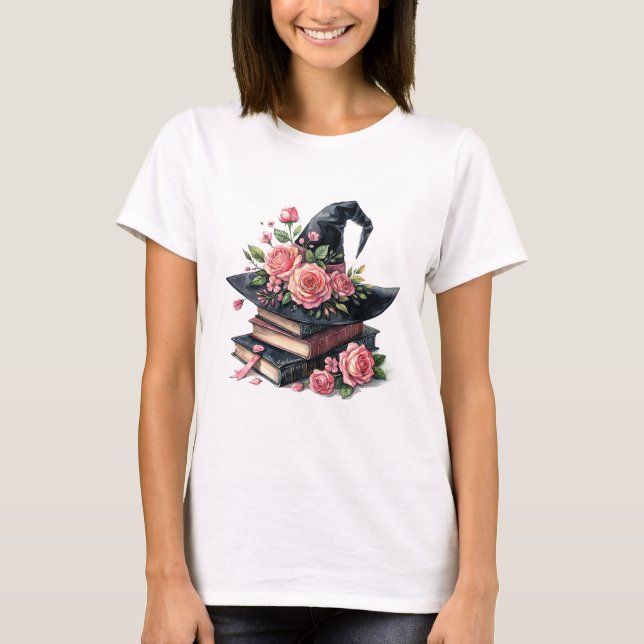 T-shirt Casquette De Sorcière Avec Roses Roses Roses Rose  (Devant)