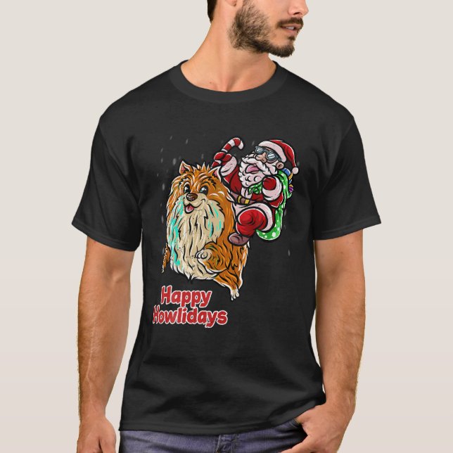 T-shirt Casquette du Père Noël de Poméranie Joyeux chien d (Devant)