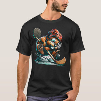 T-shirt Castor de hockey sur glace avec casque, bâton et p