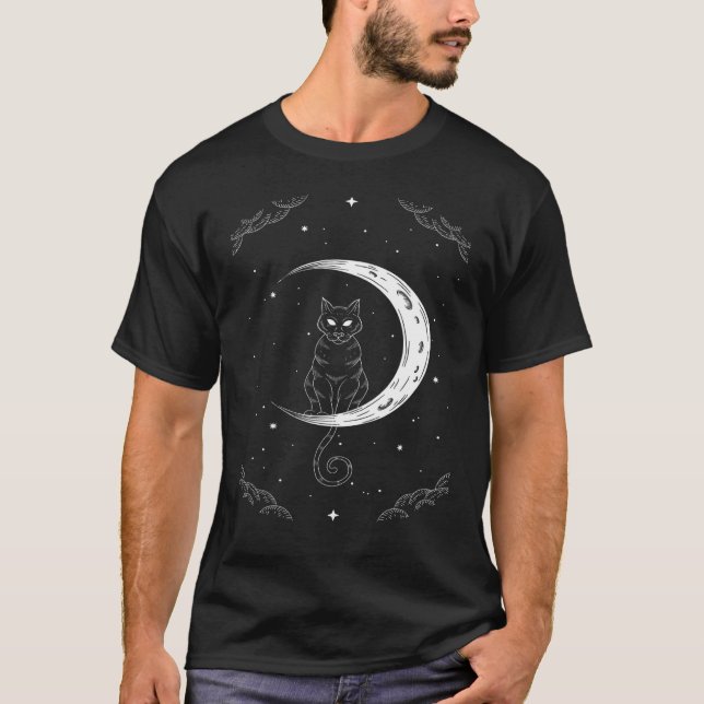 T-shirt Cat and Moon Occult Goth Halloween Gothic (Devant)