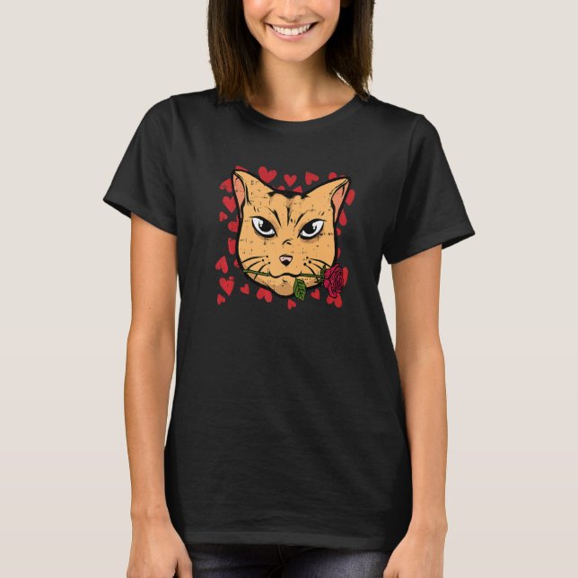 T-shirt Cat Biting Rose Hearts Valentines Day Cute Kitten  (Devant)