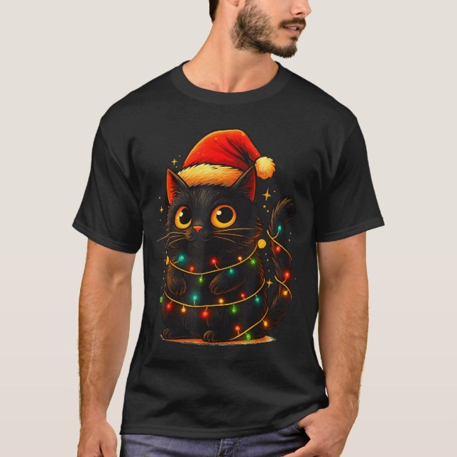 T-shirt Cat Black Christmas Tree Lights Funny Santa Kitten (Devant)