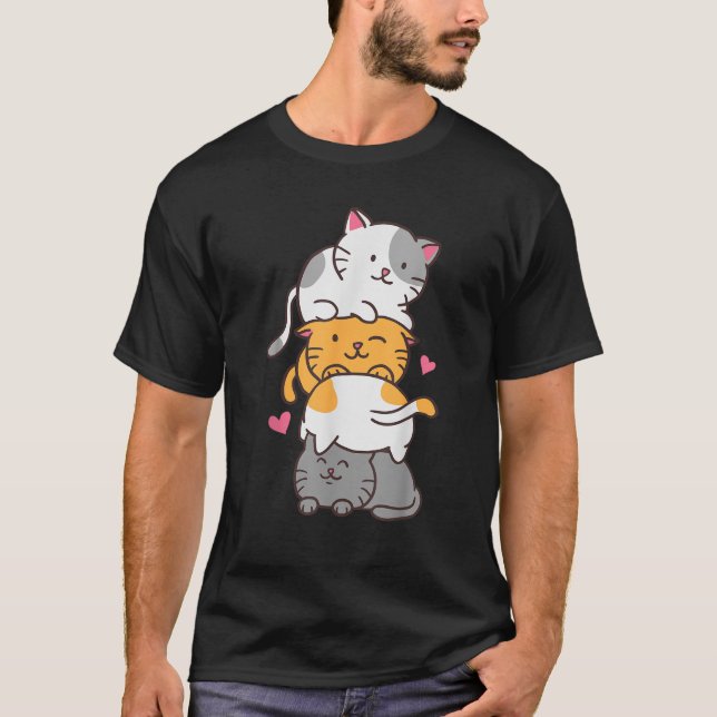 T-shirt Cat Cats Cute Kitty Pile Anime Kawaii Neko Stack G (Devant)