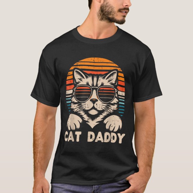 T-shirt Cat Daddy Sungles Sunset Retro Fur Dad Papa Kitten (Devant)