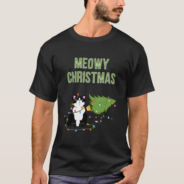 T-shirt Cat de Noël Tuxedo Cat xmas arbre drôle de chatte  (Devant)