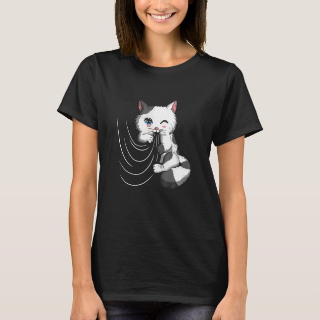 T-shirt Cat Design Cat Cuddles With Duvet Plays With Curta (Devant)