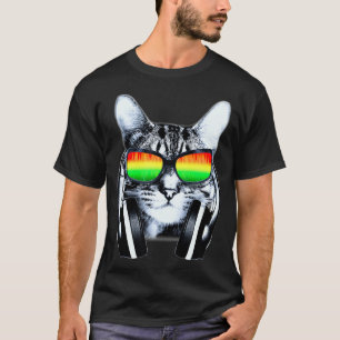 T-shirt Cat DJ Avec Lunettes De Soleil Et Casques Musique 