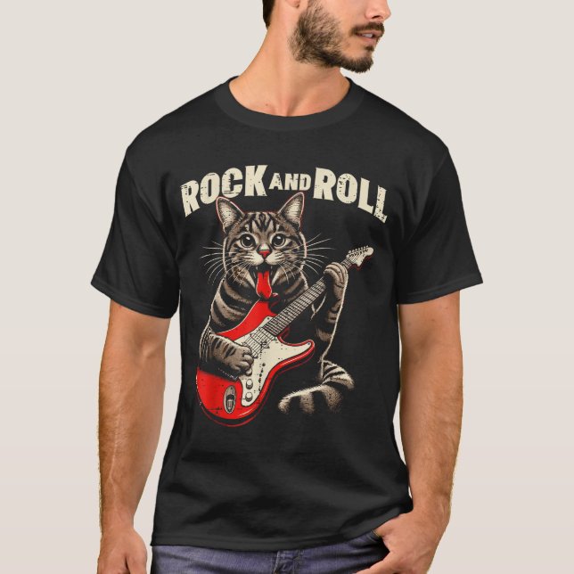 T-shirt Cat Electric Guitar Rock And Roll Rocker Kitten Me (Devant)