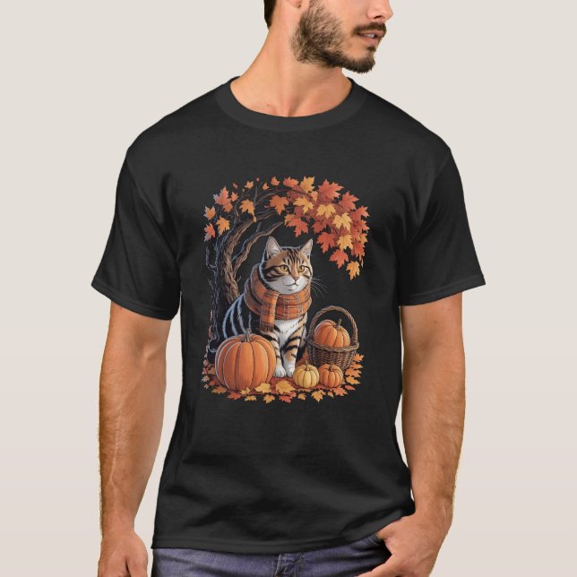 T-shirt Cat Fall Scarf Pumpkin Autumn Kitten Lover Thanksg (Devant)