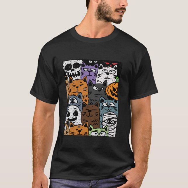 T-shirt Cat imprimé Halloween Design Crâne Éffrayant Skele (Devant)