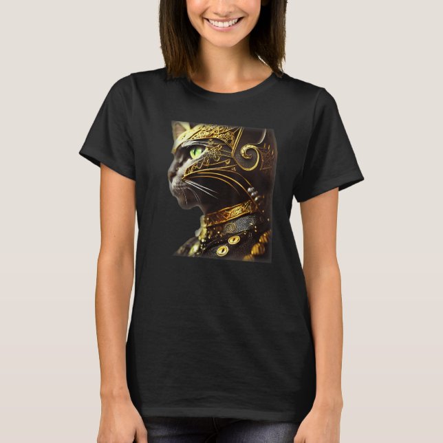 T-shirt Cat Knight Wearing Gold Filigree Armor Black (Devant)