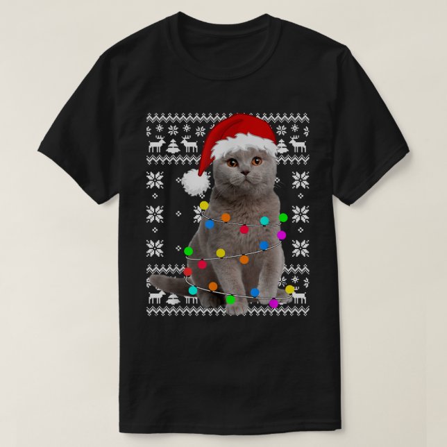 T-shirt Cat Lights Ugly Kitten Santa Hat Christmas Pajama  (Design devant)