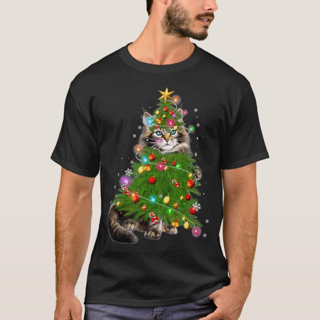 T-shirt Cat Maine Coon Christmas Tree Holiday Cat Lovers X (Devant)
