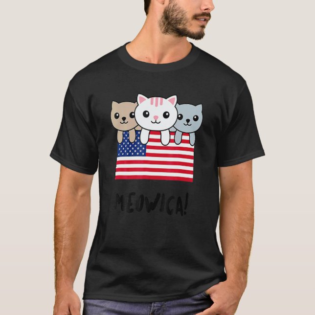 T-shirt Cat Meowica Independence Day Patriot USA Flag (Devant)