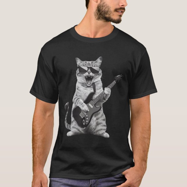 T-shirt Cat Playing Guitar Rock Star Rock And Roll Men Wom (Devant)