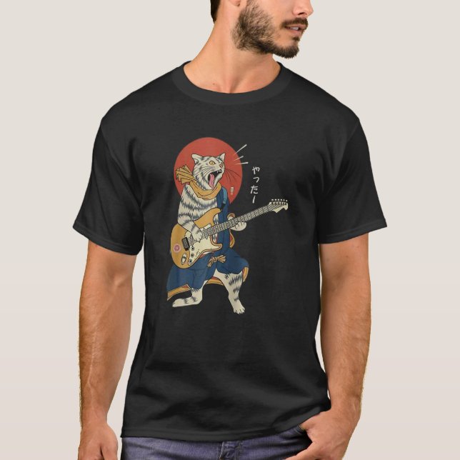 T-shirt Cat Playing Guitar Ukiyo E Samurai Japanese Warrio (Devant)