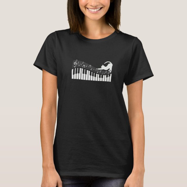 T-shirt Cat Playing with Music Note on Piano   (Devant)