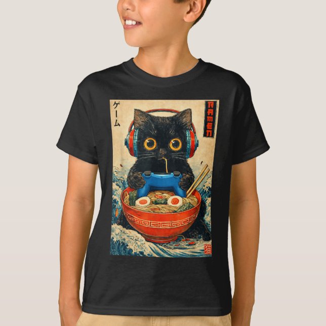 T-shirt Cat Ramen Japanese Funny Graphic Tees Kawaii Cat A (Devant)