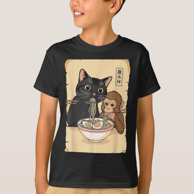 T-shirt Cat Ramen Monkey Shirt Funny Cat Monkey Eating Ram (Devant)