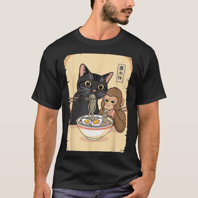 T-shirt Cat Ramen Monkey Shirt Funny Cat Monkey Eating Ram (Devant)