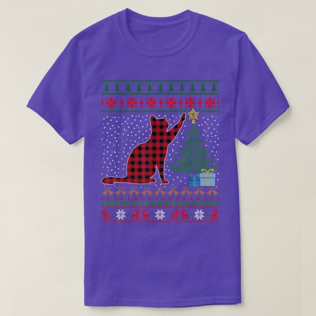 T-shirt Cat Red Plaid Buffalo Funny Ugly Christmas Sweater (Design devant)