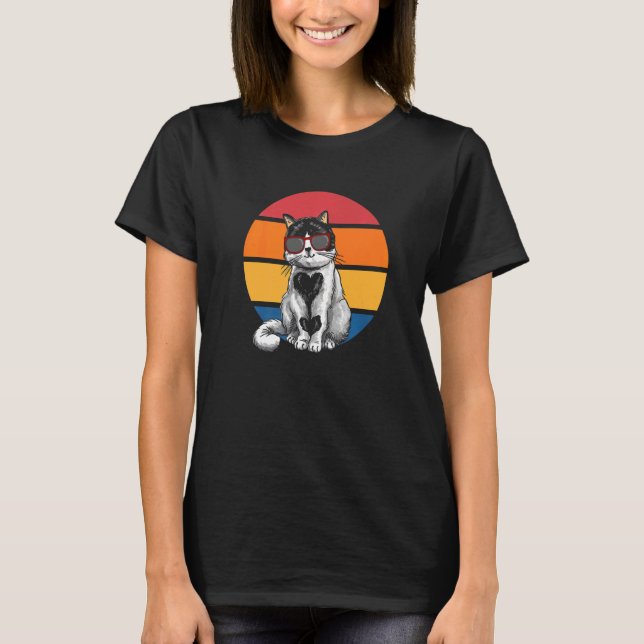T-shirt Cat Retro Sunset Cat Sunset I Cat (Devant)