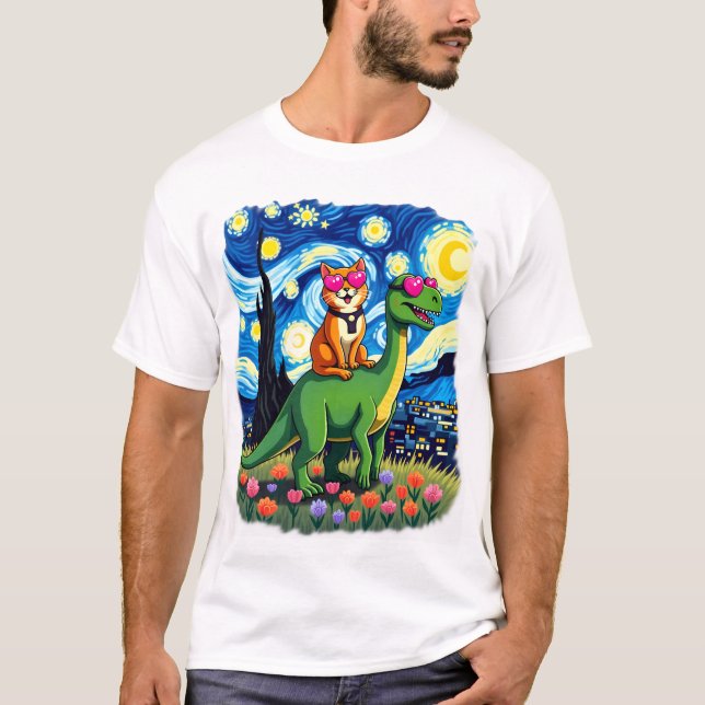 T-shirt Cat Riding Dinosaur T-Rex Starry Night Cat Lover ( (Devant)