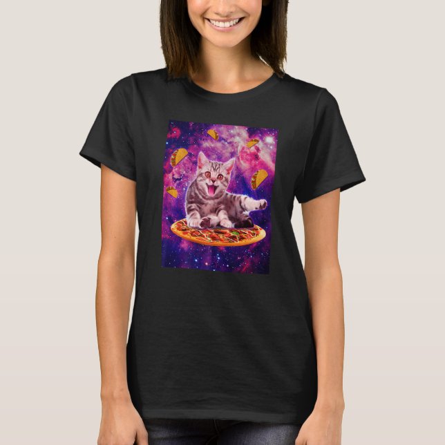 T-shirt Cat Riding Pizza In Space Galaxy Taco Kitten Cats  (Devant)