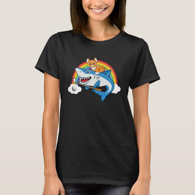 T-shirt Cat Riding Shark Playing Golf With Rainbow Graphic (Devant)