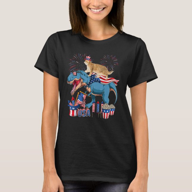 T-shirt Cat Riding Trex  Cool 4th Of July US Flag Firework (Devant)