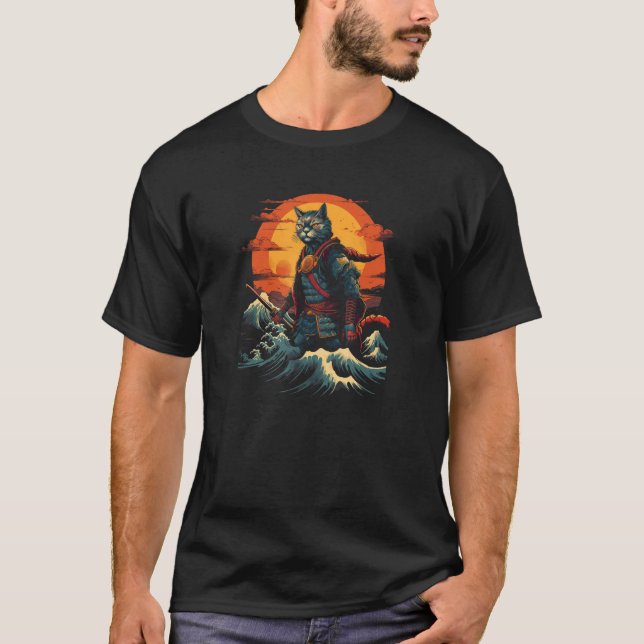 T-shirt Cat Samurai The Great Wave  Charming Japanese Styl (Devant)