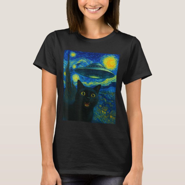 T-shirt Cat Selfie With Alien Ufo Night Van Gogh Men Women (Devant)