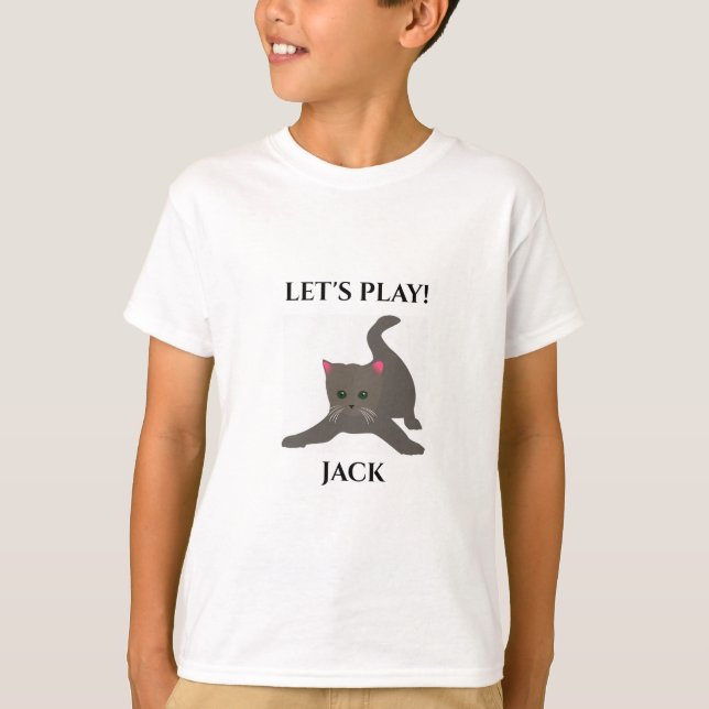 T-shirt Cat T-SHIRT, nom personnalisé, "Jouons". (Devant)