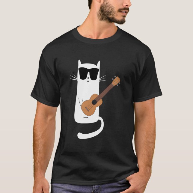 T-shirt Cat Wearing Sunglasses Playing Ukulele (Devant)