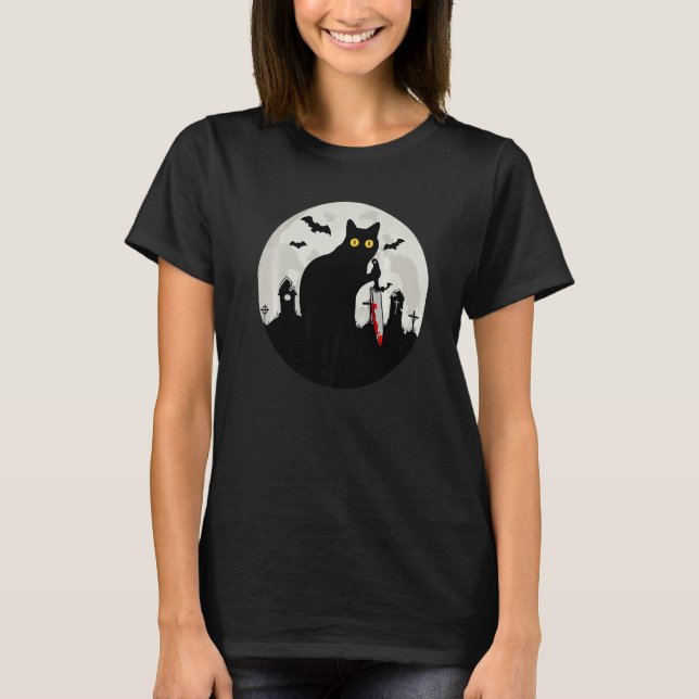 T-shirt Cat What Halloween Black Cat with Knife   What Cat (Devant)