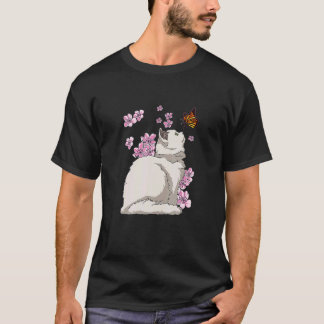 T-shirt Cat With Butterfly Japanese Sakura Cherry Blossom