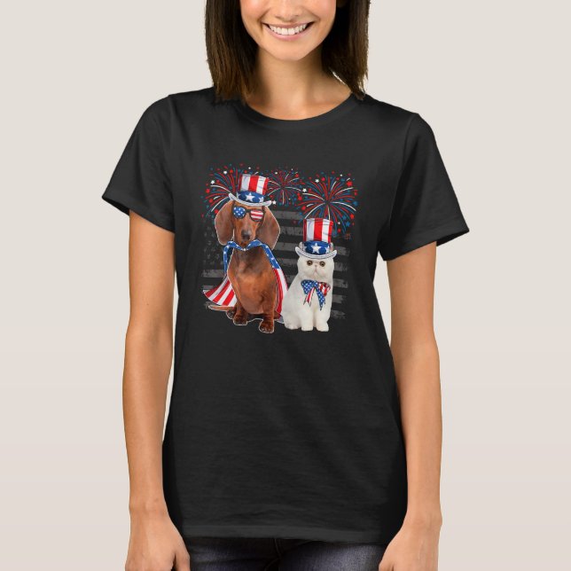 T-shirt Cat With Dachshund Sunglasses American Flag 4th Of (Devant)