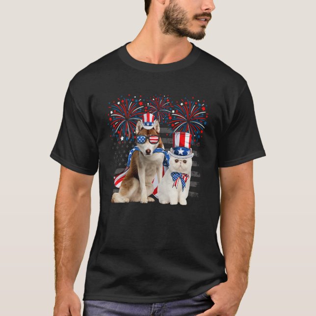 T-shirt Cat With Husky Sunglasses American Flag 4th Of Jul (Devant)