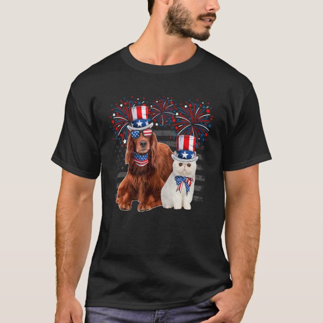 T-shirt Cat With Irish Setter Sunglasses American Flag 4th (Devant)