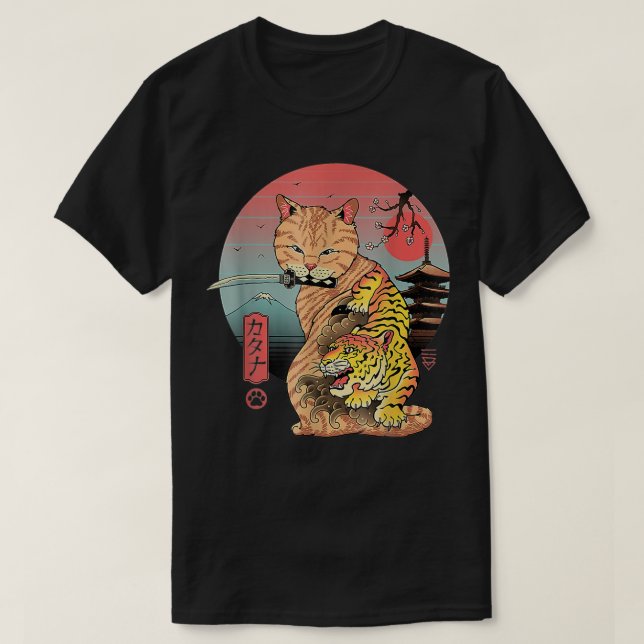 T-shirt Catana In Edo Chat Attooté Samurai Chat Art Japona (Design devant)
